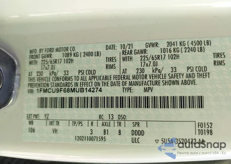 2021 Ford Escape S from USA, damaged, VIN 1FMCU9F68MUB14274